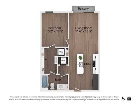 Floor plan for 1 bed, 1 bath, 682 sqft